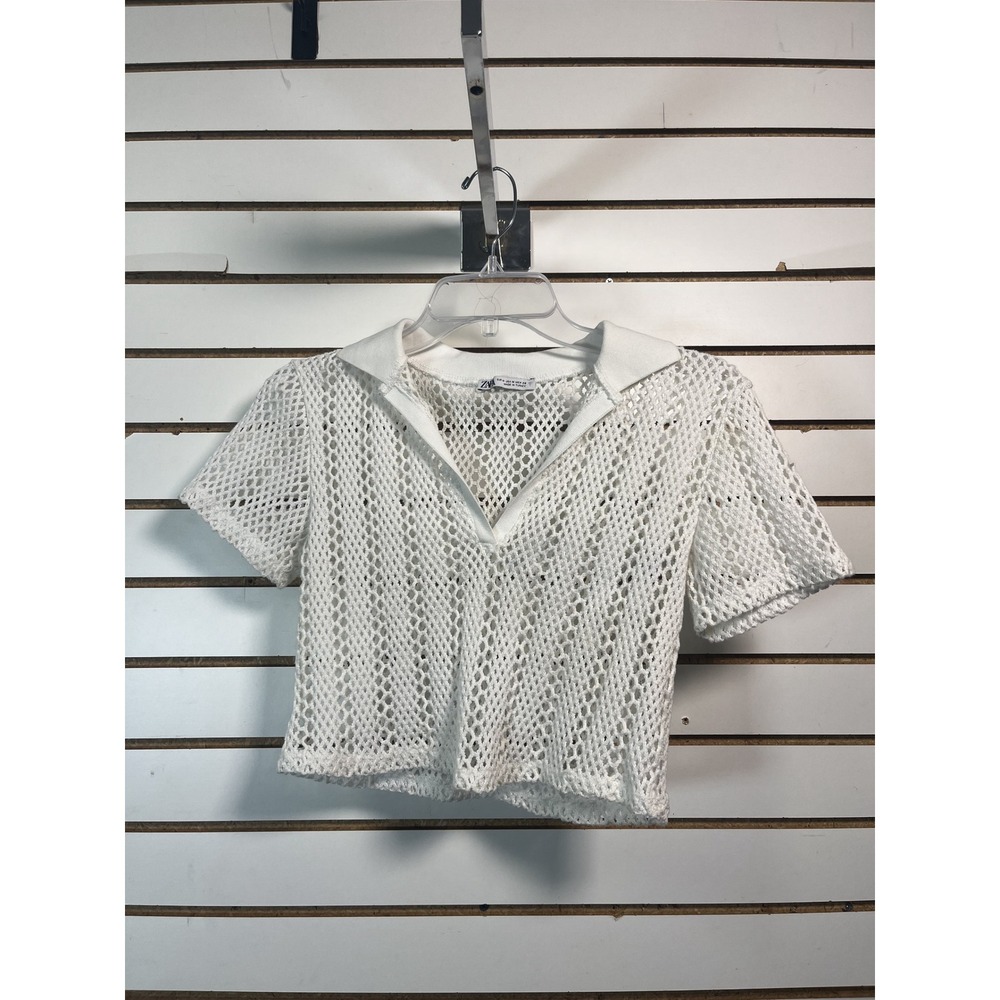 ZARA White Cropped Mesh‎ Polo Shirt Short Sleeve Collar Top Women